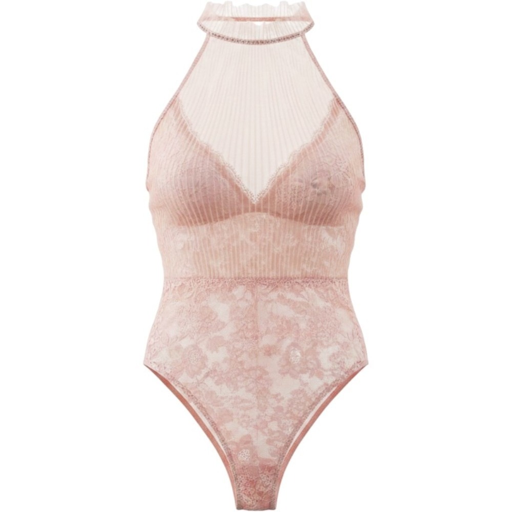 Victorias‎ Secret Demure Pink Tulle Lace High Neck Teddy Medium M Floral Teddy